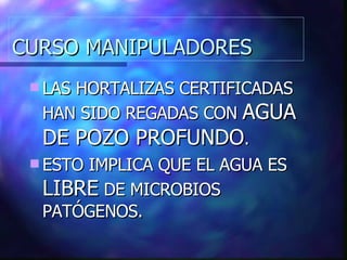 CURSO MANIPULADORES LAS HORTALIZAS CERTIFICADAS HAN SIDO REGADAS CON  AGUA DE POZO PROFUNDO . ESTO IMPLICA QUE EL AGUA ES  LIBRE  DE MICROBIOS PATÓGENOS. 