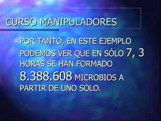 CURSO MANIPULADORES POR TANTO, EN ESTE EJEMPLO PODEMOS VER QUE EN SÓLO  7, 3  HORAS SE HAN FORMADO  8.388.608  MICROBIOS A PARTIR DE UNO SOLO.  