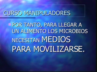 CURSO MANIPULADORES POR TANTO, PARA LLEGAR A UN ALIMENTO LOS MICROBIOS NECESITAN  MEDIOS PARA MOVILIZARSE. 