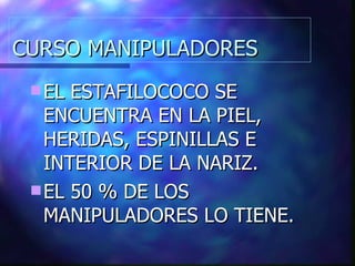 CURSO MANIPULADORES EL ESTAFILOCOCO SE ENCUENTRA EN LA PIEL, HERIDAS, ESPINILLAS E INTERIOR DE LA NARIZ. EL 50 % DE LOS MANIPULADORES LO TIENE. 