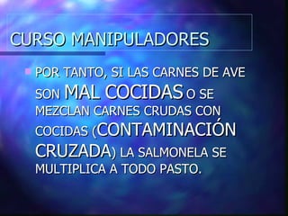 CURSO MANIPULADORES POR TANTO, SI LAS CARNES DE AVE SON  MAL COCIDAS  O SE MEZCLAN CARNES CRUDAS CON COCIDAS ( CONTAMINACIÓN CRUZADA ) LA SALMONELA SE MULTIPLICA A TODO PASTO. 