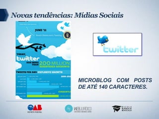 Novas tendências: Mídias Sociais




                   MICROBLOG COM POSTS
                   DE ATÉ 140 CARACTERES.
 