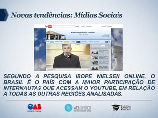 Novas tendências: Mídias Sociais




SEGUNDO A PESQUISA IBOPE NIELSEN ONLINE, O
BRASIL É O PAÍS COM A MAIOR PARTICIPAÇÃO DE
INTERNAUTAS QUE ACESSAM O YOUTUBE, EM RELAÇÃO
A TODAS AS OUTRAS REGIÕES ANALISADAS.
 