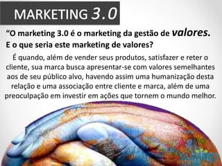“O marketing 3.0 é o marketing da gestão de valores.
E o que seria este marketing de valores?
É quando, além de vender seus produtos, satisfazer e reter o
cliente, sua marca busca apresentar-se com valores semelhantes
aos de seu público alvo, havendo assim uma humanização desta
relação e uma associação entre cliente e marca, além de uma
preoculpação em investir em ações que tornem o mundo melhor.
 
