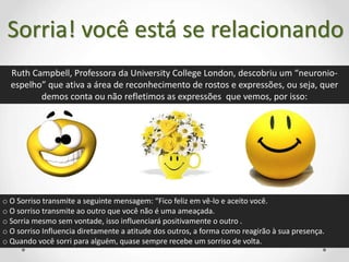 Ruth Campbell, Professora da University College London, descobriu um “neuronio-
espelho” que ativa a área de reconhecimento de rostos e expressões, ou seja, quer
demos conta ou não refletimos as expressões que vemos, por isso:
o O Sorriso transmite a seguinte mensagem: “Fico feliz em vê-lo e aceito você.
o O sorriso transmite ao outro que você não é uma ameaçada.
o Sorria mesmo sem vontade, isso influenciará positivamente o outro .
o O sorriso Influencia diretamente a atitude dos outros, a forma como reagirão à sua presença.
o Quando você sorri para alguém, quase sempre recebe um sorriso de volta.
Sorria! você está se relacionando
 