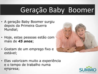 Geração Baby Boomer
• A geração Baby Boomer surgiu
depois da Primeira Guerra
Mundial;
• Hoje, estas pessoas estão com
mais de 45 anos;
• Gostam de um emprego fixo e
estável;
• Elas valorizam muito a experiência
e o tempo de trabalho numa
empresa;
 