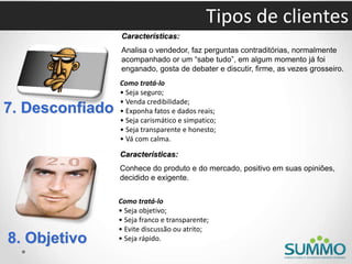 7. Desconfiado
Características:
Analisa o vendedor, faz perguntas contraditórias, normalmente
acompanhado or um “sabe tudo”, em algum momento já foi
enganado, gosta de debater e discutir, firme, as vezes grosseiro.
Como tratá-lo
• Seja seguro;
• Venda credibilidade;
• Exponha fatos e dados reais;
• Seja carismático e simpatico;
• Seja transparente e honesto;
• Vá com calma.
8. Objetivo
Características:
Conhece do produto e do mercado, positivo em suas opiniões,
decidido e exigente.
Como tratá-lo
• Seja objetivo;
• Seja franco e transparente;
• Evite discussão ou atrito;
• Seja rápido.
Tipos de clientes
 