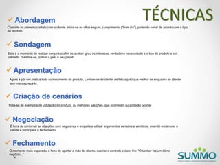 Abordagem
Consiste no primeiro contato com o cliente, inicia-se no olhar seguro, cumprimento (“bom dia”), podendo variar de acordo com o tipo
de produto.
 Sondagem
Este é o momento de realizar perguntas afim de avaliar: grau de interesse, verdadeira necessidade e o tipo de produto a ser
ofertado. “Lembre-se, qubrar o gelo é seu papel”.
 Apresentação
Agora é pôr em prática todo conhecimento do produto. Lembre-se de ofertar de fato aquilo que melhor se enquadra ao cliente,
sem menosprezá-lo.
 Criação de cenários
Trata-se de exemplos de utilização do produto, ou melhores soluções, que ocorreram ou poderão ocorrer.
 Negociação
É hora de contornar as objeções com segurança e empatia e utilizar argumentos variados e verídicos, visando esclarecer o
cliente e partir para o fechamento.
 Fechamento
O momento mais esperado, é hora de apertar a mão do cliente, assinar o contrato e dizer-lhe: “O senhor fez um ótimo
negócio...”
TÉCNICAS
 