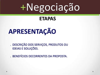 +Negociação
ETAPAS
. DESCRIÇÃO DOS SERVIÇOS, PRODUTOS OU
IDEIAS E SOLUÇÕES.
. BENEFÍCIOS DECORRENTES DA PROPOSTA.
APRESENTAÇÃO
 