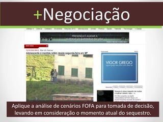 +Negociação
Aplique a análise de cenários FOFA para tomada de decisão,
levando em consideração o momento atual do sequestro.
 