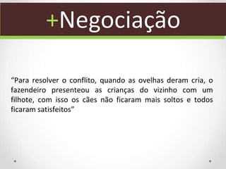 “Para resolver o conflito, quando as ovelhas deram cria, o
fazendeiro presenteou as crianças do vizinho com um
filhote, com isso os cães não ficaram mais soltos e todos
ficaram satisfeitos”
+Negociação
 