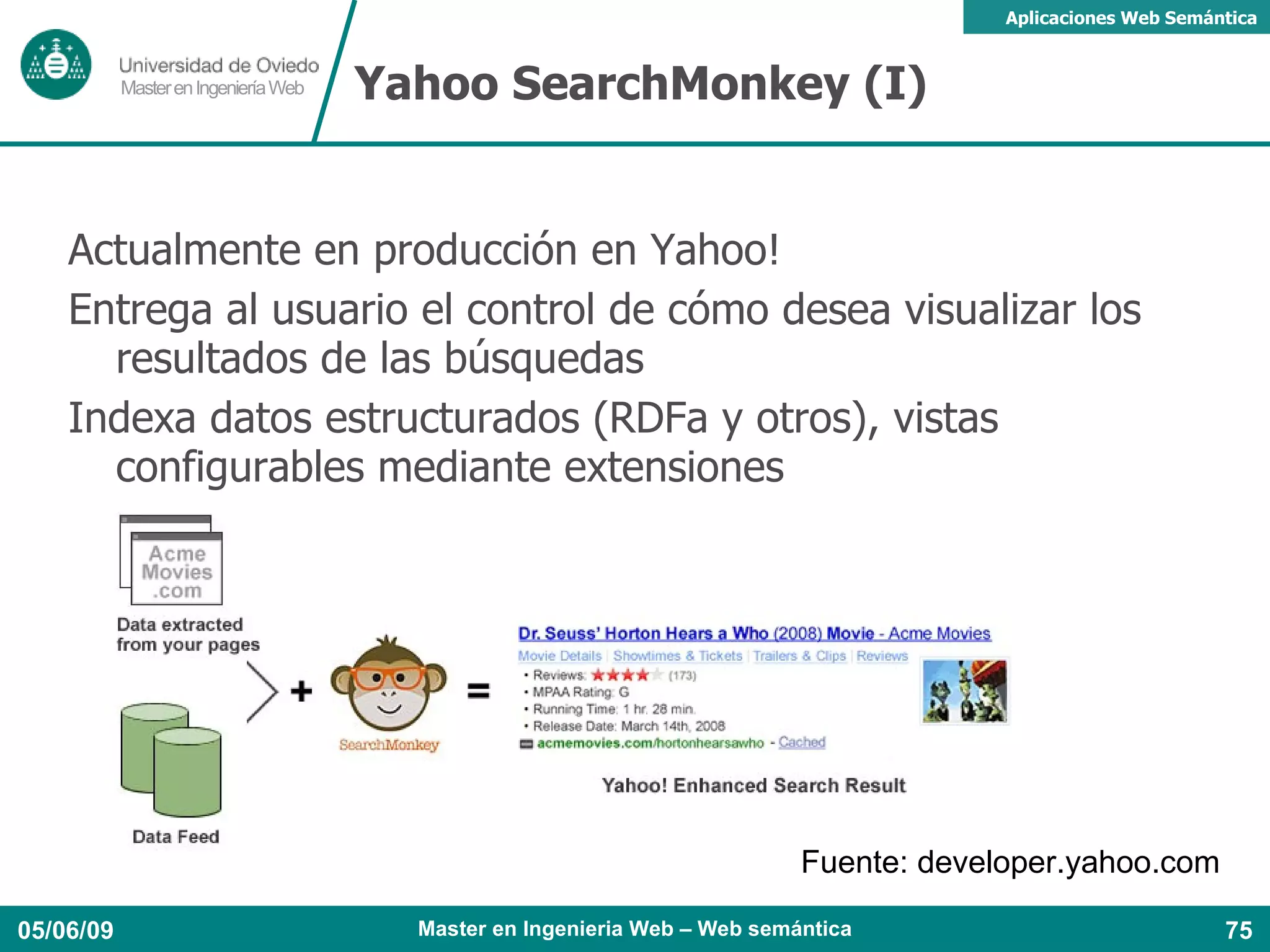 DOAP: descripción Vocabulario para describir proyectos [de software] Útil para organizar proyectos (ejemplo: Apache) Herramientas: navegador, validador, extensión de FOAF, asistentes para crear ficheros DOAP, conversores (SF.net, freshmeat.net), integración con anotaciones Java5 