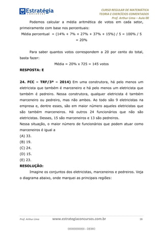 CURSO REGULAR DE MATEMÁTICA
TEORIA E EXERCÍCIOS COMENTADOS
Prof. Arthur Lima Aula 00
Prof. Arthur Lima www.estrategiaconcursos.com.br 28
Podemos calcular a média aritmética de votos em cada setor,
primeiramente com base nos percentuais:
Média percentual = (14% + 7% + 27% + 37% + 15%) / 5 = 100% / 5
= 20%
Para saber quantos votos correspondem a 20 por cento do total,
basta fazer:
Média = 20% x 725 = 145 votos
RESPOSTA: E
24. FCC TRF/3ª 2014) Em uma construtora, há pelo menos um
eletricista que também é marceneiro e há pelo menos um eletricista que
também é pedreiro. Nessa construtora, qualquer eletricista é também
marceneiro ou pedreiro, mas não ambos. Ao todo são 9 eletricistas na
empresa e, dentre esses, são em maior número aqueles eletricistas que
são também marceneiros. Há outros 24 funcionários que não são
eletricistas. Desses, 15 são marceneiros e 13 são pedreiros.
Nessa situação, o maior número de funcionários que podem atuar como
marceneiros é igual a
(A) 33.
(B) 19.
(C) 24.
(D) 15.
(E) 23.
RESOLUÇÃO:
Imagine os conjuntos dos eletricistas, marceneiros e pedreiros. Veja
o diagrama abaixo, onde marquei as principais regiões:
00000000000
00000000000 - DEMO
 