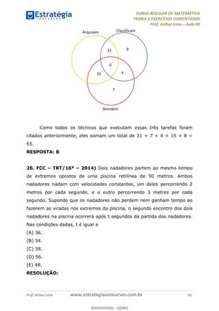 CURSO REGULAR DE MATEMÁTICA
TEORIA E EXERCÍCIOS COMENTADOS
Prof. Arthur Lima Aula 00
Prof. Arthur Lima www.estrategiaconcursos.com.br 33
Como todos os técnicos que executam essas três tarefas foram
citados anteriormente, eles somam um total de 31 + 7 + 4 + 15 + 8 =
65.
RESPOSTA: B
26. FCC TRT/16ª 2014) Dois nadadores partem ao mesmo tempo
de extremos opostos de uma piscina retilínea de 90 metros. Ambos
nadadores nadam com velocidades constantes, um deles percorrendo 2
metros por cada segundo, e o outro percorrendo 3 metros por cada
segundo. Supondo que os nadadores não perdem nem ganham tempo ao
fazerem as viradas nos extremos da piscina, o segundo encontro dos dois
nadadores na piscina ocorrerá após t segundos da partida dos nadadores.
Nas condições dadas, t é igual a
(A) 36.
(B) 54.
(C) 58.
(D) 56.
(E) 48.
RESOLUÇÃO:
00000000000
00000000000 - DEMO
 