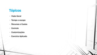 Tópicos
• Visão Geral
• Tempo e escopo
• Recursos e Custos
• Controle
• Customizações
• Exercício Aplicado
 