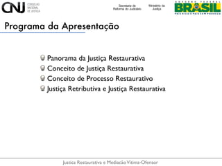 Justica Restaurativa e MediacãoVítima-Ofensor
Programa da Apresentação
Conceito de Justiça Restaurativa
Panorama da Justiç...