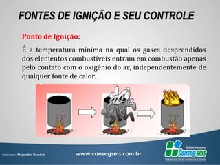 Instrutor: Alejandro Rendon
FONTES DE IGNIÇÃO E SEU CONTROLE
Ponto de Ignição:
É a temperatura mínima na qual os gases desprendidos
dos elementos combustíveis entram em combustão apenas
pelo contato com o oxigênio do ar, independentemente de
qualquer fonte de calor.
 