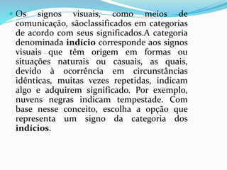  Os signos visuais, como meios de
comunicação, sãoclassificados em categorias
de acordo com seus significados.A categoria
denominada indício corresponde aos signos
visuais que têm origem em formas ou
situações naturais ou casuais, as quais,
devido à ocorrência em circunstâncias
idênticas, muitas vezes repetidas, indicam
algo e adquirem significado. Por exemplo,
nuvens negras indicam tempestade. Com
base nesse conceito, escolha a opção que
representa um signo da categoria dos
indícios.
 