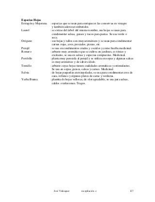 Especias Hojas
Estragón y Mejorana : especias que se usan para enriquecer las conservas en vinagre
y también aderezar embutidos.
Laurel : se extrae del árbol del mismo nombre, sus hojas se usan para
condimentar salsas, guisos y tucos para pastas. Se usa verde o
seca.
Orégano : sus hojas y tallos son muy aromáticos y se usan para condimentar
carnes rojas, aves, pescados, pizzas, etc.
Perejil : se usa en condimentos crudos y cocidos y como hierba medicinal.
Romero : arbusto muy aromático que se cultiva en jardines, es tónico y
excitante, se usa en salsas y especias compuestas. Medicinal.
Perifollo : planta muy parecida al perejil y se utiliza en sopas y algunas salsas
es muy aromático y de sabor cálido.
Tomillo : arbusto cuyas hojas tienen cualidades aromáticas y estimulantes.
Se usa en sopas, guisos, salsas y carnes. Medicinal.
Salvia : de hojas pequeñas aterciopeladas, se usa para condimentar aves de
caza, rellenos y algunos platos de carne y verduras.
Yerba Buena : plantita de hojas vellosas, de olor agradable, se usa para salsas,
caldos o infusiones. Tragos.
José Velásquez recopilación e 127
 