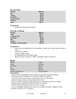 Pan de Viena
Harina 1000 grs.
Sal 20 grs
Azúcar 20 grs
Levadura 40 grs
Leche en polvo 30 grs
Manteca 50 grs
Agua 600 cc
Preparación:
- preparación igual al pan de molde.
Pan con Aceitunas
Harina 1000 grs.
Agua 400 cc
Aceite de oliva 100 cc
Levadura 50 grs
Sal 20 grs
Azúcar 40 grs
Aceitunas verdes picadas 150 grs
Preparación
- poner todos los ingredientes en la amasadora y amasar hasta lograr una masa sedosa
y fina
- dar reposo 15 minutos
- cortar y moldear a gusto
- dar fermentación de 60 minutos aprox.
- Pintar con huevo y hornear a 240ºC con bastante vapor al comienzo
Bagel
Harina 5 kilos
Agua 2.5 litros
Levadura 100 grs.
Sal 100 grs.
Azúcar 100 grs.
manteca hidrogenada 50 grs (optativo)
Preparación
- mezclar todos los ingredientes hasta formar una masa dura, firme pero elástica
- dejar reposar la masa durante 10 a 15 minutos cubierta con plástico
- cortar trozos de masa de 120 grs y dejar reposar otros 15 a 20 minutos
- enrollar y alargar cada trozo de masa hasta unos 20 cm
- unir los extremos formando anillos y dejar reposar sobre paños por 30 a 35 minutos
- sumergir en agua caliente (85 a 90ºC) durante 1 a 2 minutos
- colocar sobre una rejilla para escurrir el exceso de agua
- colocar en bandejas enmantecadas, decorar con semillas de sésamo, amapolas u otras
- hornear a 230ºC por 12 a 15 minutos.
José Velásquez recopilación e 33
 