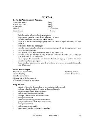 TORTAS
Torta de Panqueques y Naranja
Harina con polvos 500 grs
Azúcar granulada 500 grs
Mantequilla 500 grs.
Huevos 12 unidades
Leche líquida 1 taza
- batir la mantequilla con el azúcar granulada
- agregar una a una las yemas, luego la harina y la leche
- se baten las claras y se agrega al batido anterior
- se pone el batido en moldes panquequeros o en lata con papel de mantequilla y se
cocinan
- relleno : dulce de naranjas
- se pelan las naranjas, las cáscaras se cuecen en agua por 2 minutos y por cinco veces
- se muelen en la juguera
- se exprimen las naranjas y el jugo se mezcla con las cáscaras
- se mide esta preparación por tazas y se agrega 3/4 de taza de azúcar por taza de jugo
y se pone a hervir por media hora
- se le agrega dos cucharadas de maicena disuelta en jugo y se cocina por cinco
minutos más hasta que espese
- la cantidad de naranjas es de acuerdo al porte de la torta, ej. para una torta grande,
usar 24 naranjas.
Torta Selva Negra
Bizcochuelo de chocolate bandeja y blonda
Crema chantilly virutas de chocolate
Guindas marraschino
Almíbar o jugo de fruta natural
Mermelada de damascos o guindas
Preparación
- dividir el bizcocho de chocolate en tres partes, corte horizontal
- coloque sobre la bandeja y blonda, un disco de bizcocho
- remoje con almíbar y licor si se desea
- cubra con una capa de mermelada
- coloque sobre ella otro disco de bizcocho
- remoje con almíbar
- cubra con chantilly y guindas marraschino
- ponga sobre ello el tercer disco de bizcocho
- remoje con almíbar
- cubra con crema chantilly
- decorar con guindas y virutas de chocolate
José Velásquez recopilación e 92
 