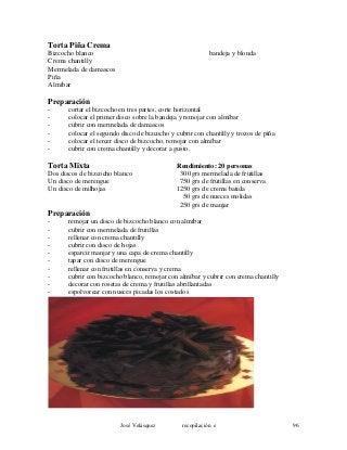 Torta Piña Crema
Bizcocho blanco bandeja y blonda
Crema chantilly
Mermelada de damascos
Piña
Almíbar
Preparación
- cortar el bizcocho en tres partes, corte horizontal
- colocar el primer disco sobre la bandeja y remojar con almíbar
- cubrir con mermelada de damascos
- colocar el segundo disco de bizcocho y cubrir con chantilly y trozos de piña
- colocar el tercer disco de bizcocho, remojar con almíbar
- cubrir con crema chantilly y decorar a gusto.
Torta Mixta Rendimiento: 20 personas
Dos discos de bizcocho blanco 300 grs mermelada de frutillas
Un disco de merengue 750 grs de frutillas en conserva
Un disco de milhojas 1250 grs de crema batida
50 grs de nueces molidas
250 grs de manjar
Preparación
- remojar un disco de bizcocho blanco con almíbar
- cubrir con mermelada de frutillas
- rellenar con crema chantilly
- cubrir con disco de hojas
- esparcir manjar y una capa de crema chantilly
- tapar con disco de merengue
- rellenar con frutillas en conserva y crema
- cubrir con bizcocho blanco, remojar con almíbar y cubrir con crema chantilly
- decorar con rosetas de crema y frutillas abrillantadas
- espolvorear con nueces picadas los costados
José Velásquez recopilación e 96
 