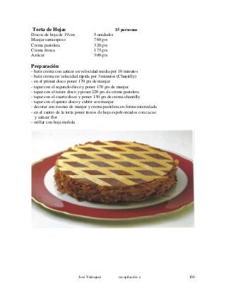 Torta de Hojas 15 personas
Discos de hoja de 19 cm 5 unidades
Manjar semiespeso 760 grs
Crema pastelera 320 grs
Crema fresca 175 grs
Azúcar 300 grs
Preparación
- batir crema con azúcar en velocidad media por 10 minutos
- batir crema en velocidad rápida por 3 minutos (Chantilly)
- en el primer disco poner 170 grs de manjar
- tapar con el segundo disco y poner 170 grs de manjar
- tapar con el tercer disco y poner 220 grs de crema pastelera
- tapar con el cuarto disco y poner 130 grs de crema chantilly
- tapar con el quinto disco y cubrir con manjar
- decorar con rosetas de manjar y crema pastelera en forma intercalada
- en el centro de la torta poner trozos de hoja espolvoreados con cacao
y azúcar flor
- orillar con hoja molida.
José Velásquez recopilación e 100
 