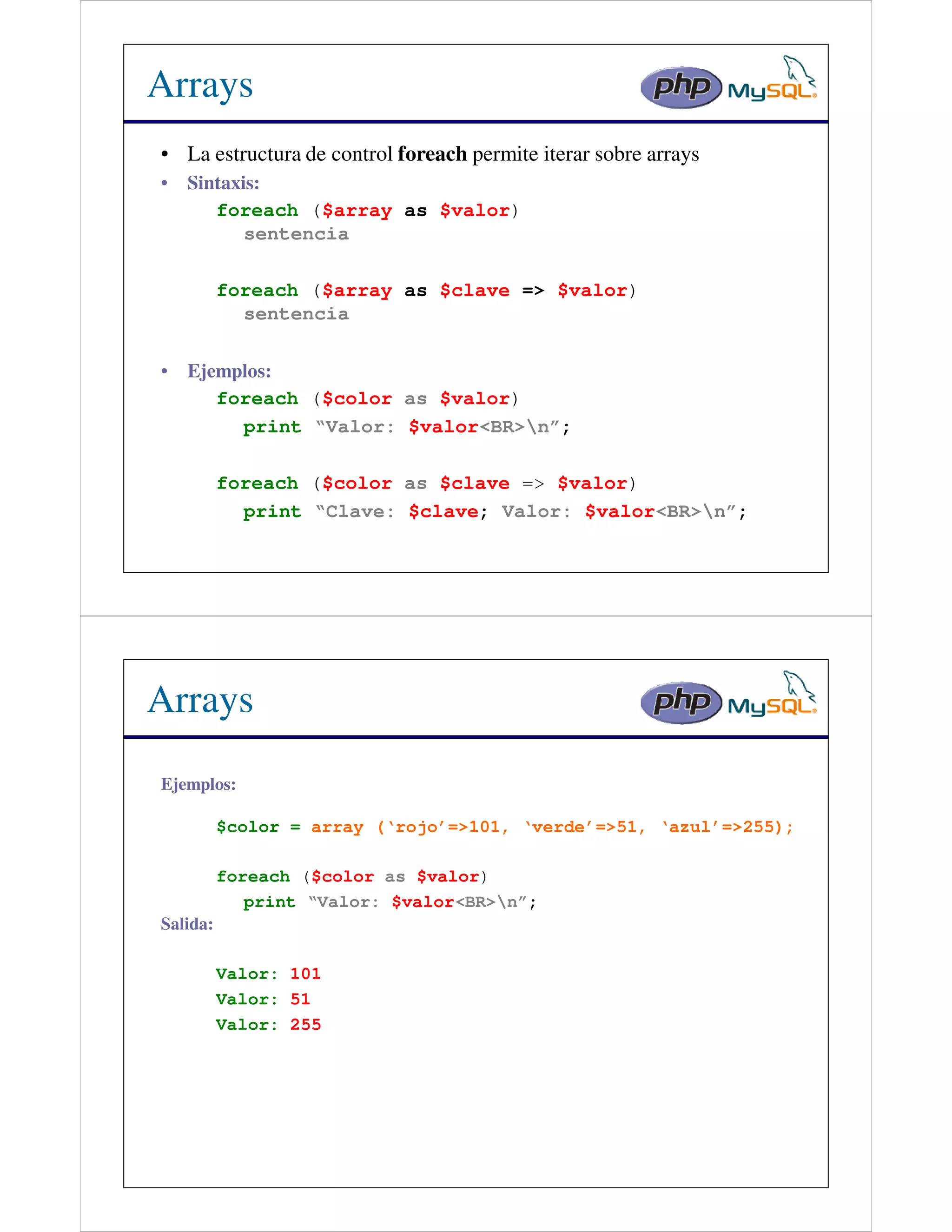 Arrays
• La estructura de control foreach permite iterar sobre arrays
•   Sintaxis:
       foreach ($array as $valor)
           sentencia

          foreach ($array as $clave => $valor)
            sentencia

•   Ejemplos:
       foreach ($color as $valor)
         print “Valor: $valor<BR>n”;

          foreach ($color as $clave => $valor)
            print “Clave: $clave; Valor: $valor<BR>n”;




Arrays
Ejemplos:

          $color = array (‘rojo’=>101, ‘verde’=>51, ‘azul’=>255);

          foreach ($color as $valor)
             print “Valor: $valor<BR>n”;
Salida:

          Valor: 101
          Valor: 51
          Valor: 255
 