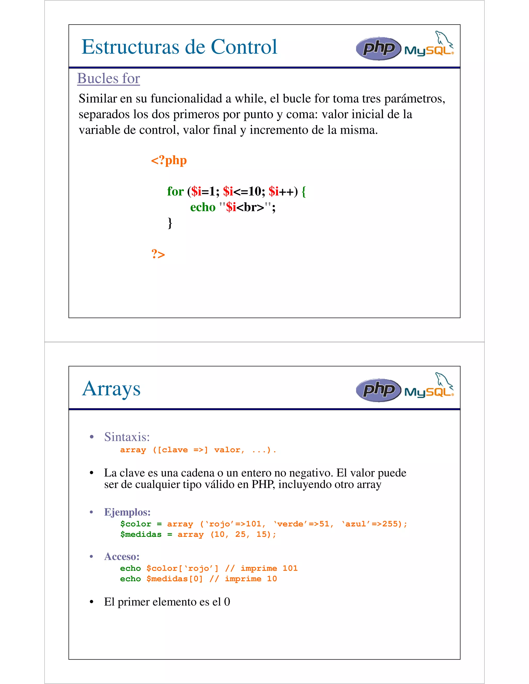 Estructuras de Control
Bucles for
Similar en su funcionalidad a while, el bucle for toma tres parámetros,
separados los dos primeros por punto y coma: valor inicial de la
variable de control, valor final y incremento de la misma.

                  <?php

                       for ($i=1; $i<=10; $i++) {
                            echo "$i<br>";
                       }

                  ?>




Arrays

  • Sintaxis:
         array ([clave =>] valor, ...).

  • La clave es una cadena o un entero no negativo. El valor puede
    ser de cualquier tipo válido en PHP, incluyendo otro array

  •   Ejemplos:
         $color = array (‘rojo’=>101, ‘verde’=>51, ‘azul’=>255);
         $medidas = array (10, 25, 15);

  •   Acceso:
         echo $color[‘rojo’] // imprime 101
         echo $medidas[0] // imprime 10

  • El primer elemento es el 0
 