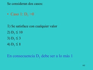 102
Se consideran dos casos:
• Caso 1: D1 >0
1) Se satisface con cualquier valor
2) D1  10
3) D1  3
4) D1  1
En consecuencia D1 debe ser a lo más 1
 