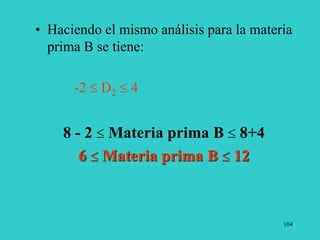 104
• Haciendo el mismo análisis para la materia
prima B se tiene:
-2  D2  4
8 - 2  Materia prima B  8+4
6  Materia prima B  12
 