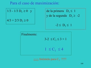 109
Para el caso de maximización:
1/3 - 1/3 D1  0 y
4/3 + 2/3 D1  0
de la primera D1  1
y de la segunda D1  -2
-2  D1  1
Finalmente:
3-2  C1  3 + 1
1  C1  4
¡¡¡¡¡ Inténtelo para C2 !!!!!
 