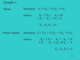 121
Ejemplo 1:
Primal Maximizar Z = 5 X1 + 12 X2 + 4 X3
sujeto a X1 + 2 X2 + X3  10
2 X1 - X2 + 3 X3 = 8
X1, X2, X3  0
Primal estándar Maximizar Z = 5 X1 + 12 X2 + 4 X3 + 0 X4
sujeto a X1 + 2 X2 + X3 + X4 = 10
2 X1 - X2 + 3 X3 +0 X4 = 8
X1, X2, X3  0
 