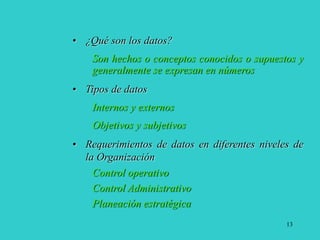 13
• ¿Qué son los datos?
Son hechos o conceptos conocidos o supuestos y
generalmente se expresan en números
• Tipos de datos
Internos y externos
Objetivos y subjetivos
• Requerimientos de datos en diferentes niveles de
la Organización
Control operativo
Control Administrativo
Planeación estratégica
 