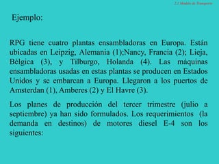 Ejemplo:
RPG tiene cuatro plantas ensambladoras en Europa. Están
ubicadas en Leipzig, Alemania (1);Nancy, Francia (2); Lieja,
Bélgica (3), y Tilburgo, Holanda (4). Las máquinas
ensambladoras usadas en estas plantas se producen en Estados
Unidos y se embarcan a Europa. Llegaron a los puertos de
Amsterdan (1), Amberes (2) y El Havre (3).
Los planes de producción del tercer trimestre (julio a
septiembre) ya han sido formulados. Los requerimientos (la
demanda en destinos) de motores diesel E-4 son los
siguientes:
2.1 Modelo de Transporte
 
