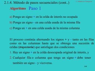 164
2.1.4. Método de pasos secuenciales (cont..)
a) Ponga un signo + en la celda de interés no ocupada
b) Ponga un signo - en una celda usada de la misma fila
c) Ponga un + en una celda usada de la misma columna
El proceso continúa alternando los signos + y - tanto en las filas
como en las columnas hasta que se obtenga una sucesión de
celdas (trayectoria) que satisfagan dos condiciones
1. Hay un signo + en la celda desocupada original de interés, y
2. Cualquier fila o columna que tenga un signo + debe tener
también un signo - y viceversa.
Algoritmo Paso 1
2.1 Modelo de Transporte
 