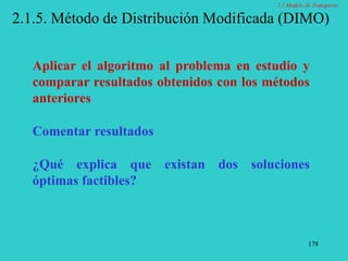 178
2.1.5. Método de Distribución Modificada (DIMO)
Aplicar el algoritmo al problema en estudio y
comparar resultados obtenidos con los métodos
anteriores
Comentar resultados
¿Qué explica que existan dos soluciones
óptimas factibles?
2.1 Modelo de Transporte
 
