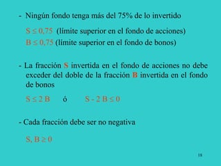 18
- Ningún fondo tenga más del 75% de lo invertido
S  0,75 (límite superior en el fondo de acciones)
B  0,75 (límite superior en el fondo de bonos)
- La fracción S invertida en el fondo de acciones no debe
exceder del doble de la fracción B invertida en el fondo
de bonos
S  2 B ó S - 2 B  0
- Cada fracción debe ser no negativa
S, B  0
 