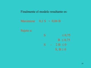 19
Finalmente el modelo resultante es:
Maximizar 0,1 S + 0,06 B
Sujeto a:
S  0,75
B  0,75
S - 2 B  0
S, B  0
 