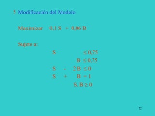 22
5 Modificación del Modelo
Maximizar 0,1 S + 0,06 B
Sujeto a:
S  0,75
B  0,75
S - 2 B  0
S + B = 1
S, B  0
 