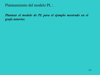 233
Planteamiento del modelo PL :
Plantear el modelo de PL para el ejemplo mostrado en el
grafo anterior.
 