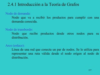 237
2.4.1 Introducción a la Teoría de Grafos
Nodo de demanda:
Nodo que va a recibir los productos para cumplir con una
demanda conocida.
Nodo de transbordo:
Nodo que recibe productos desde otros nodos para su
distribución.
Arco (enlace):
Línea de una red que conecta un par de nodos. Se le utiliza para
representar una ruta válida desde el nodo origen al nodo de
distribución.
 