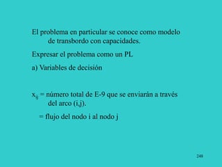 248
El problema en particular se conoce como modelo
de transbordo con capacidades.
Expresar el problema como un PL
a) Variables de decisión
xij = número total de E-9 que se enviarán a través
del arco (i,j).
= flujo del nodo i al nodo j
 