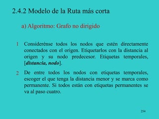 254
2.4.2 Modelo de la Ruta más corta
Considerénse todos los nodos que estén directamente
conectados con el origen. Etiquetarlos con la distancia al
origen y su nodo predecesor. Etiquetas temporales,
[distancia, nodo].
De entre todos los nodos con etiquetas temporales,
escoger el que tenga la distancia menor y se marca como
permanente. Si todos están con etiquetas permanentes se
va al paso cuatro.
a) Algoritmo: Grafo no dirigido
1
2
 