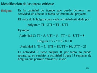 326
Identificación de las tareas críticas:
Holgura: Es la cantidad de tiempo que puede demorar una
actividad sin afectar la fecha de término del proyecto.
El valor de la holgura para cada actividad está dada por:
holgura = TI - UTI = TT - UTT
Ejemplo:
Actividad C: TI = 5, UTI = 5, TT = 8, UTT = 8
Holgura = 5 - 5 = 8 - 8 = 0
Actividad I: TI = 5, UTI = 18, TT = 10, UTT = 23
La actividad C tiene holgura 0, por tanto no puede
retrasarse, en cambio la actividad I tiene 13 semanas de
holgura que permite retrasar su inicio.
 