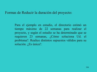 330
Formas de Reducir la duración del proyecto:
Para el ejemplo en estudio, el directorio estimó un
tiempo máximo de 22 semanas para realizar el
proyecto, y según el estudio se ha determinado que se
requieren 23 semanas, ¿Cómo soluciona Ud. el
problema?. Realice distintos supuestos válidos para su
solución. ¿Es única?.
 
