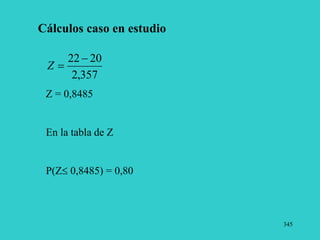 345
Cálculos caso en estudio
Z = 0,8485
En la tabla de Z
P(Z 0,8485) = 0,80
357
,
2
20
22 

Z
 