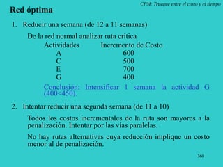 360
1. Reducir una semana (de 12 a 11 semanas)
De la red normal analizar ruta crítica
Actividades Incremento de Costo
A 600
C 500
E 700
G 400
Conclusión: Intensificar 1 semana la actividad G
(400<450).
2. Intentar reducir una segunda semana (de 11 a 10)
Todos los costos incrementales de la ruta son mayores a la
penalización. Intentar por las vías paralelas.
No hay rutas alternativas cuya reducción implique un costo
menor al de penalización.
CPM: Trueque entre el costo y el tiempo
Red óptima
 