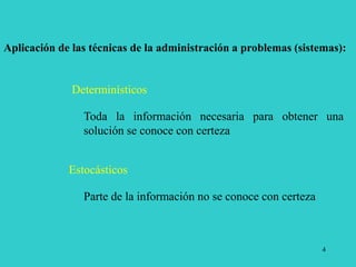 4
Aplicación de las técnicas de la administración a problemas (sistemas):
Determinísticos
Toda la información necesaria para obtener una
solución se conoce con certeza
Estocásticos
Parte de la información no se conoce con certeza
 