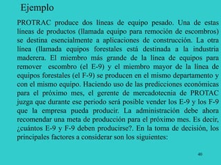 40
Ejemplo
PROTRAC produce dos líneas de equipo pesado. Una de estas
líneas de productos (llamada equipo para remoción de escombros)
se destina esencialmente a aplicaciones de construcción. La otra
línea (llamada equipos forestales está destinada a la industria
maderera. El miembro más grande de la línea de equipos para
remover escombro (el E-9) y el miembro mayor de la línea de
equipos forestales (el F-9) se producen en el mismo departamento y
con el mismo equipo. Haciendo uso de las predicciones económicas
para el próximo mes, el gerente de mercadotecnia de PROTAC
juzga que durante ese periodo será posible vender los E-9 y los F-9
que la empresa pueda producir. La administración debe ahora
recomendar una meta de producción para el próximo mes. Es decir,
¿cuántos E-9 y F-9 deben producirse?. En la toma de decisión, los
principales factores a considerar son los siguientes:
 